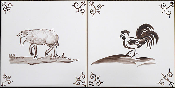 Schaf und Hahn - handbemalte Fliesen von Annelie Somborn