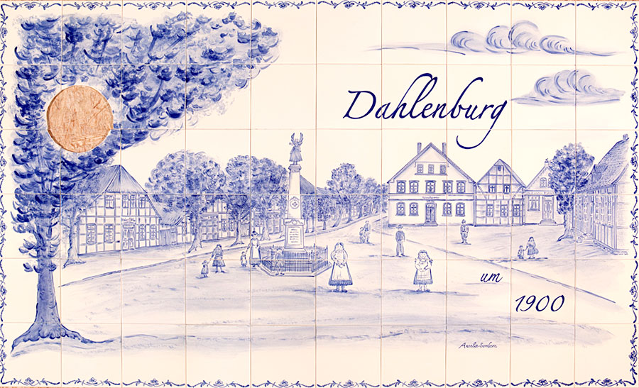 Fliesenmalerei: Dahlenburg um 1900, handgemaltes Fliesenbild für die Küche von Annelie Somborn