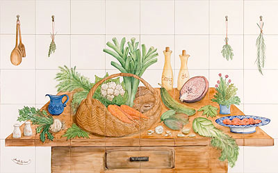 Fliesenmalerei für die Küche: handgemaltes Gemüsestilleben auf einem Tisch